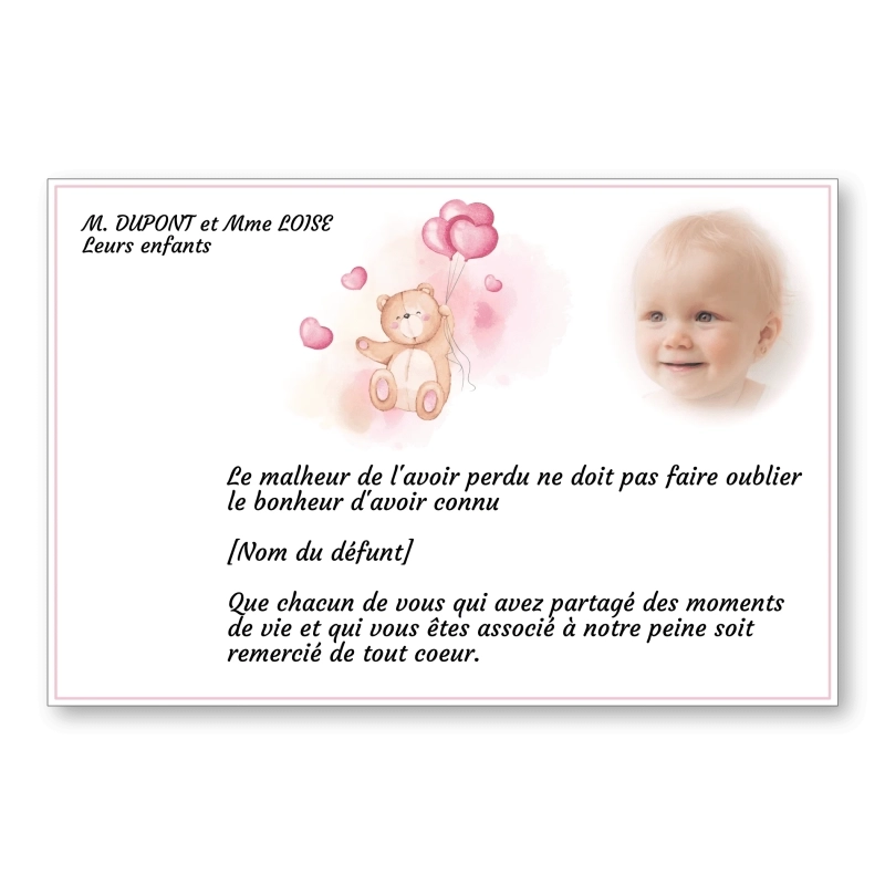 Carte de Remerciement Décès Enfant Ourson Rose 2