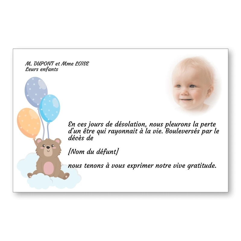 Carte de Remerciement Décès Enfant Ourson Ballons