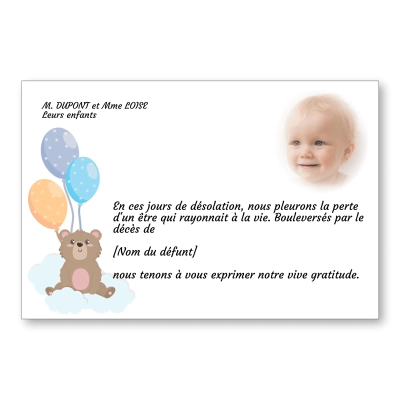 Carte de Remerciement Décès Enfant Ourson Ballons Carte de Remerciement Décès Enfant Ourson Ballons