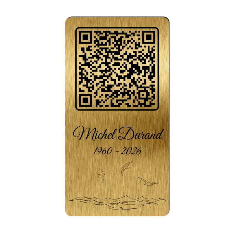 Plaque funéraire QR Code gravée Océan verticale - Mémorial numérique personnalisé