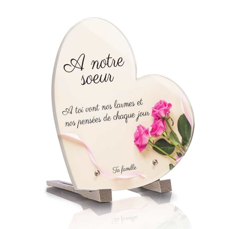 Plaque Funéraire Coeur Rose Ruban