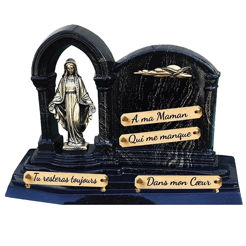 Plaque Funéraire Vierge et Colombe Pailleté or en Granit Acrylate