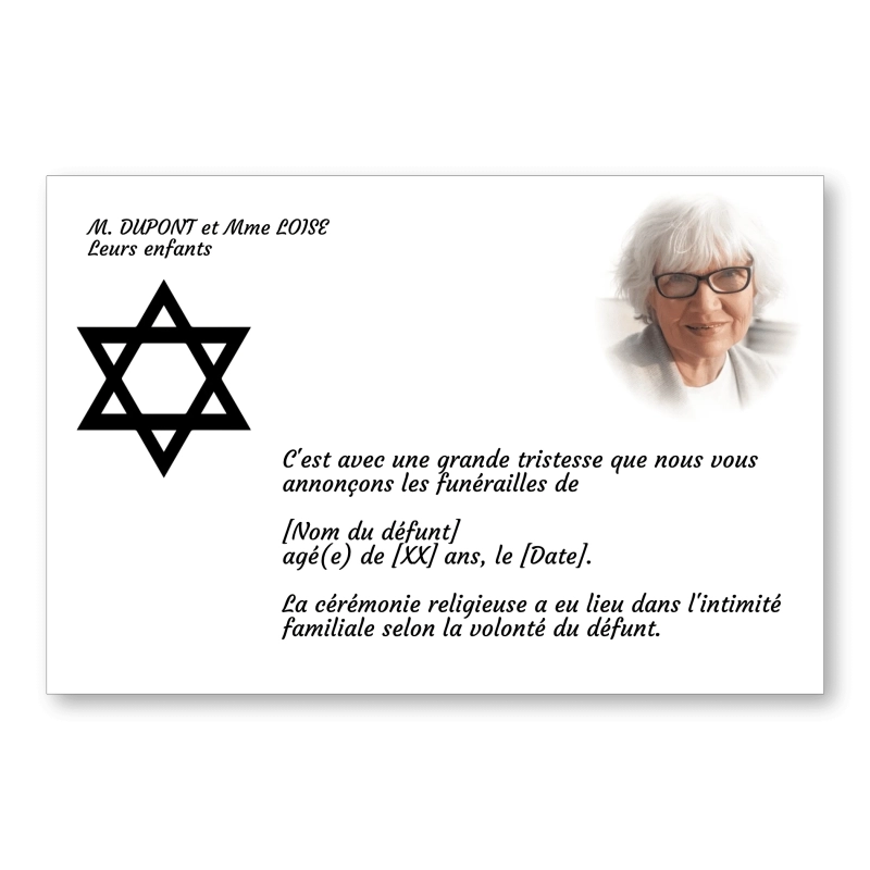 Faire part de Décès Religion Judaïsme Étoile de Juda