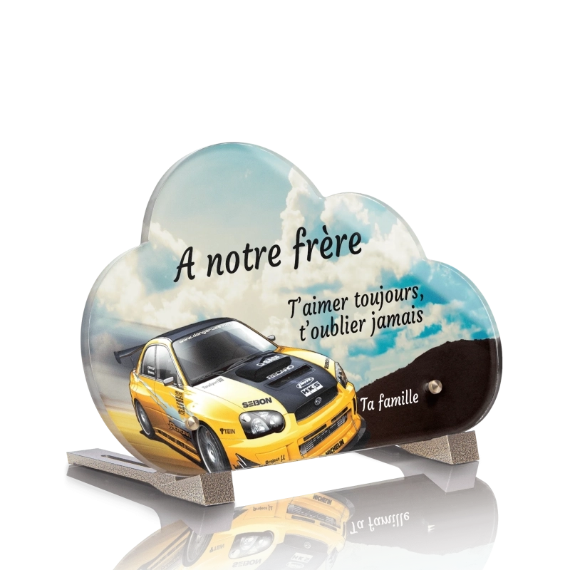 Plaque Funéraire Nuage Voiture de course jaune Plaque Funéraire Nuage Voiture de course jaune