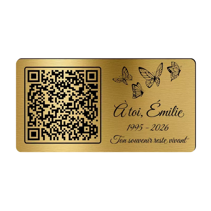 Plaque funéraire QR Code gravée Papillons horizontale - Mémorial numérique personnalisé