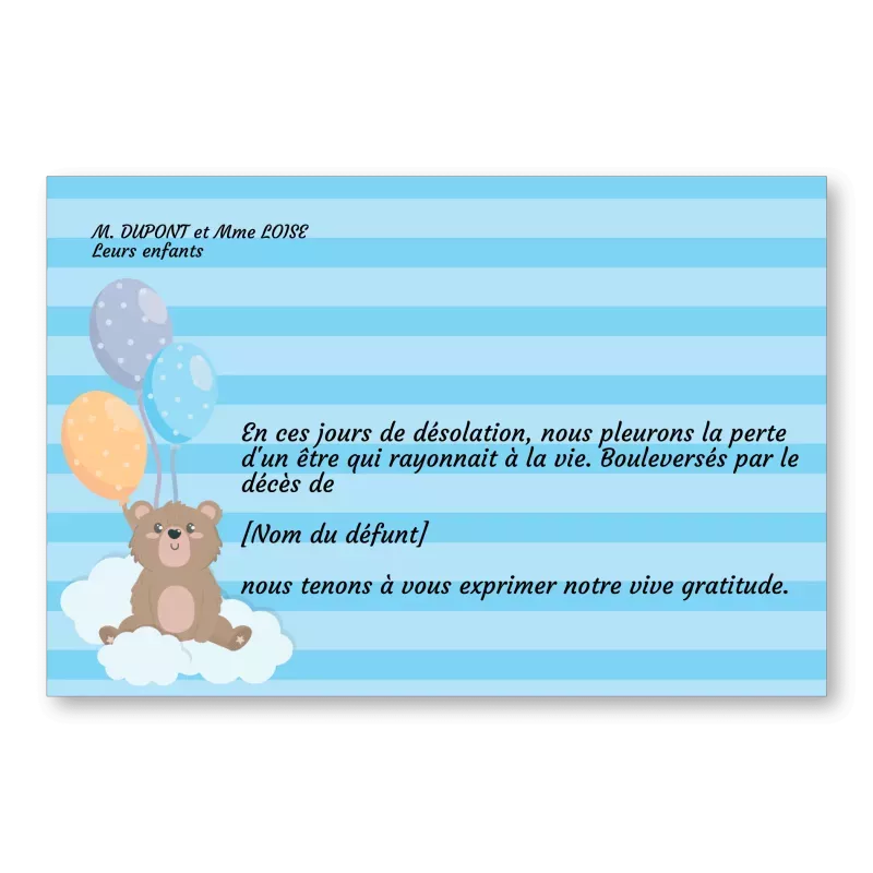 Carte de Remerciement Décès Enfant Ourson Bleu