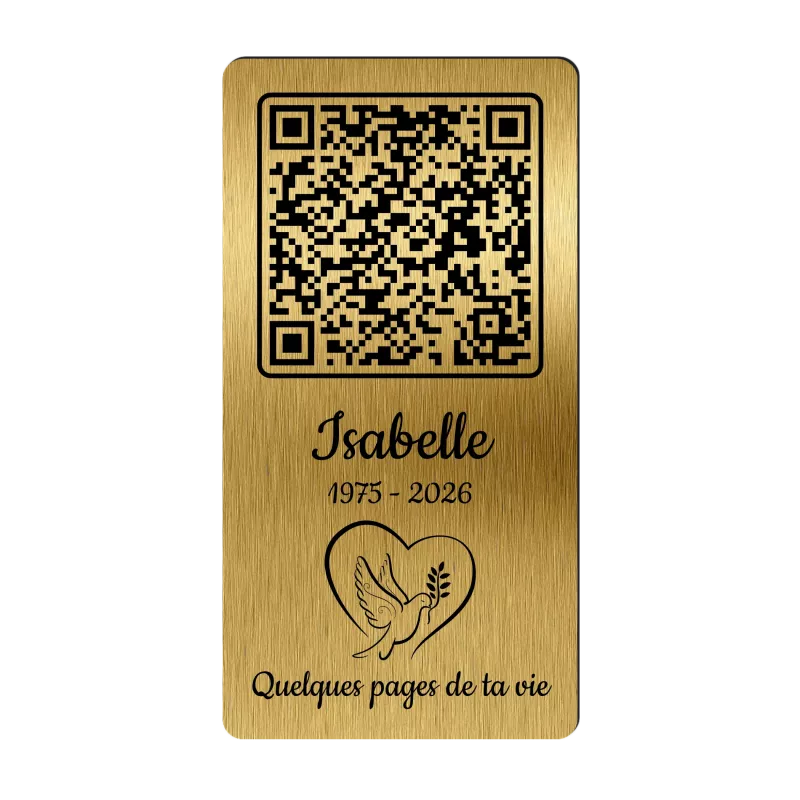 Plaque funéraire QR Code gravée Coeur Colombe verticale - Mémorial numérique personnalisé