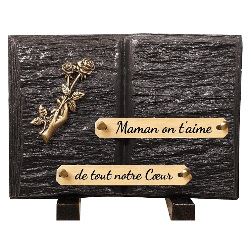 Plaque Funéraire Livres Mains et Roses en Schiste Acrylate