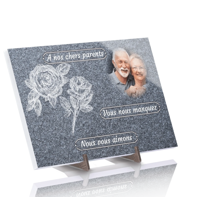 Plaque Funéraire Roses effet Granit en Pierre Acrylate