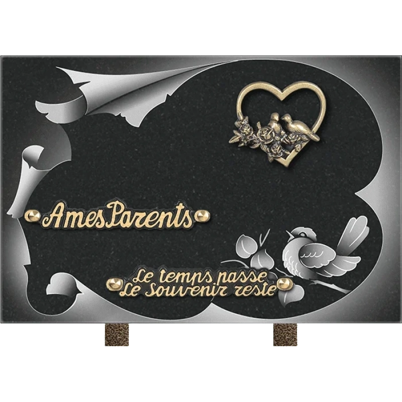 Plaque funéraire granit Coeur Oiseaux 30x20cm (Standard)