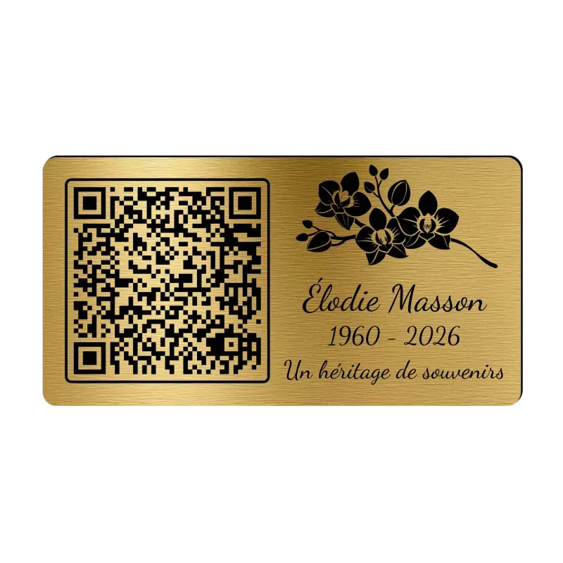 Plaque funéraire QR Code gravée Orchidée 2 horizontale - Mémorial numérique personnalisé