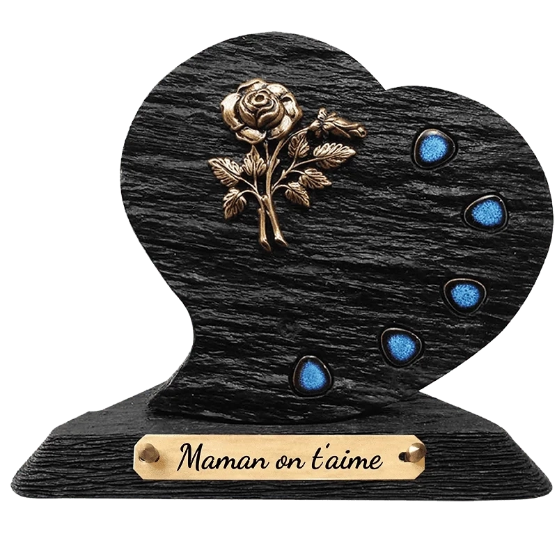 Plaque Funéraire Coeur Galets Bleus en Schiste Acrylate Plaque Funéraire Coeur Galets Bleus en Schiste Acrylate