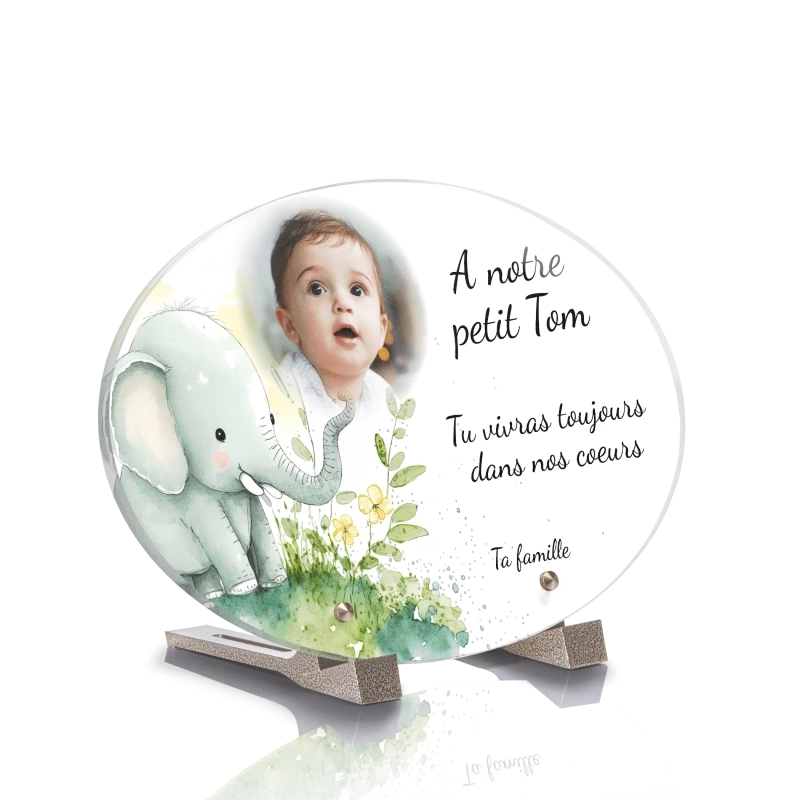 Plaque Funéraire Ovale Enfant Éléphant Aquarelle