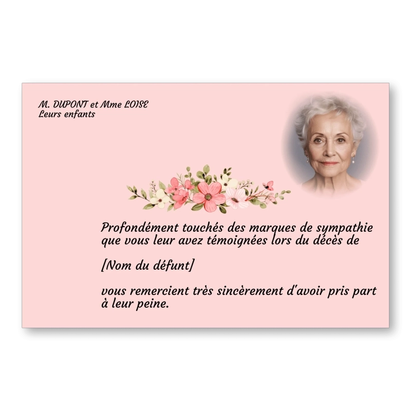 Carte de Remerciement Décès Fleur Couronne Rose