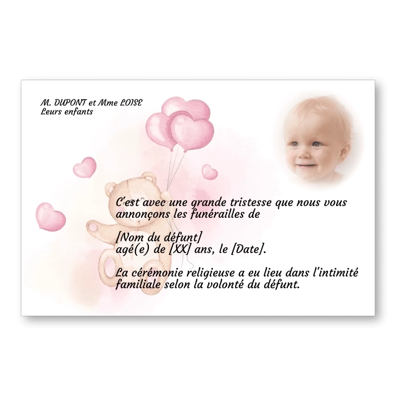 Faire part de Décès Enfant Ourson Rose