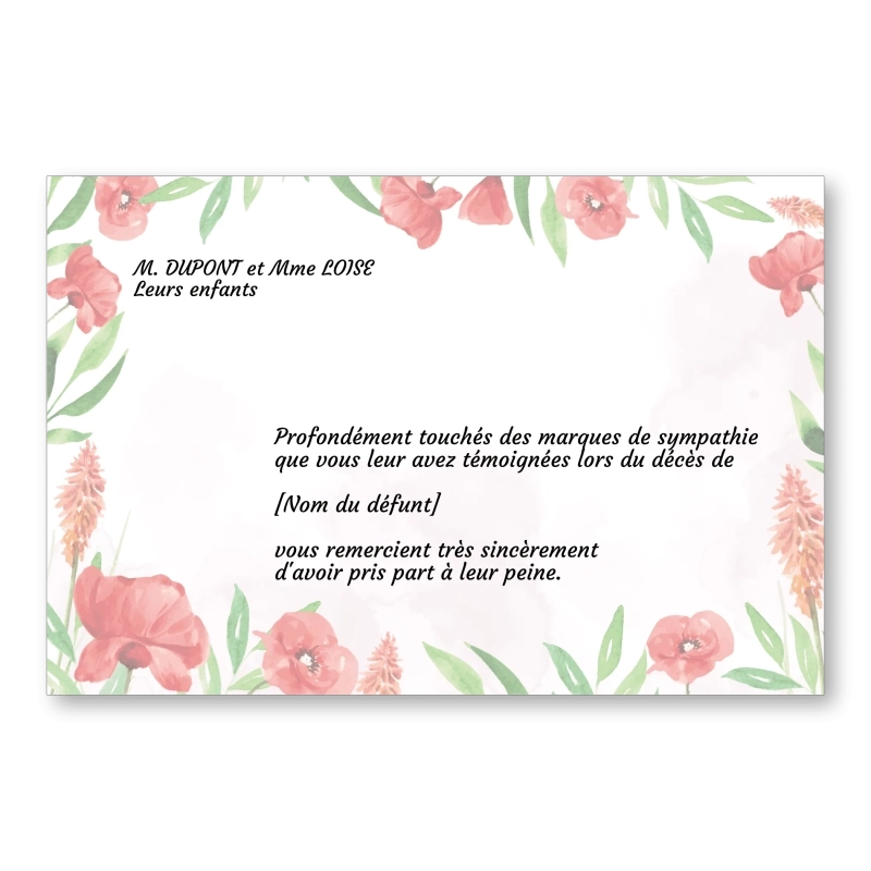 Carte de Remerciement Décès Aquarelle Coquelicot