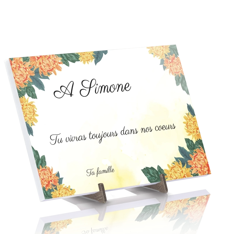 Plaque Funéraire Aquarelle Chrysanthèmes en Pierre Acrylate