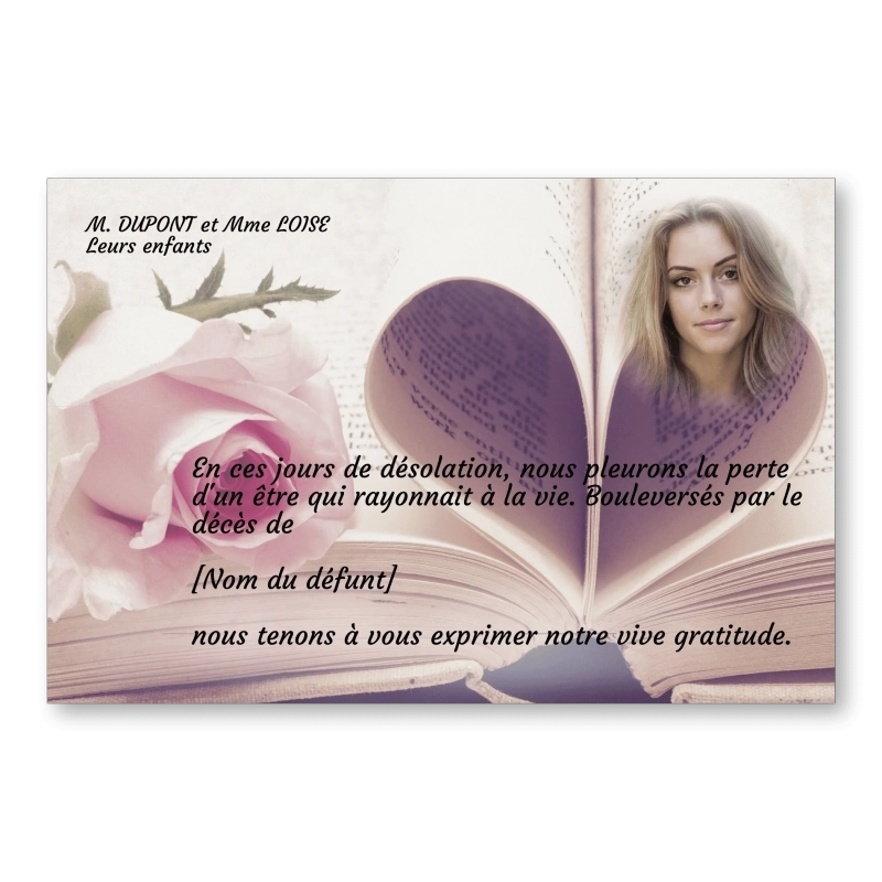 Carte de Remerciement Décès Coeur Livre Carte de Remerciement Décès Coeur Livre
