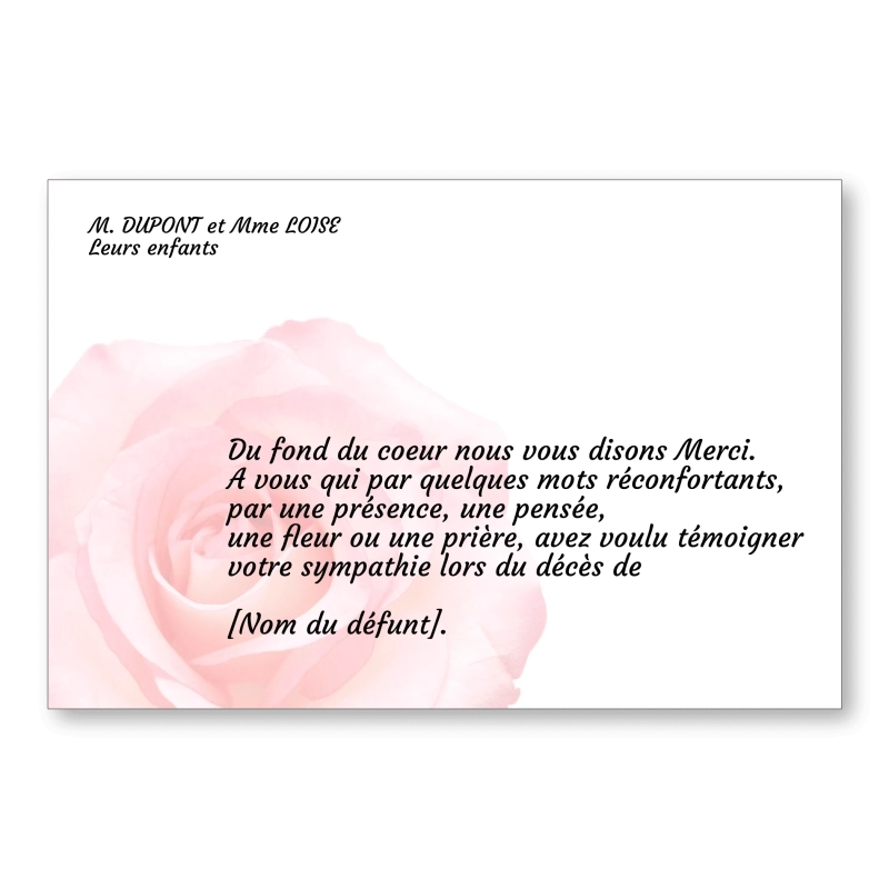 Carte de Remerciement Décès Fleur Rose Pastel