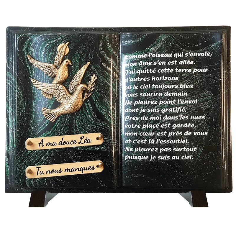 Plaque Funéraire 2 Colombes Pailleté vert en Granit Acrylate Plaque Funéraire 2 Colombes Pailleté vert en Granit Acrylate