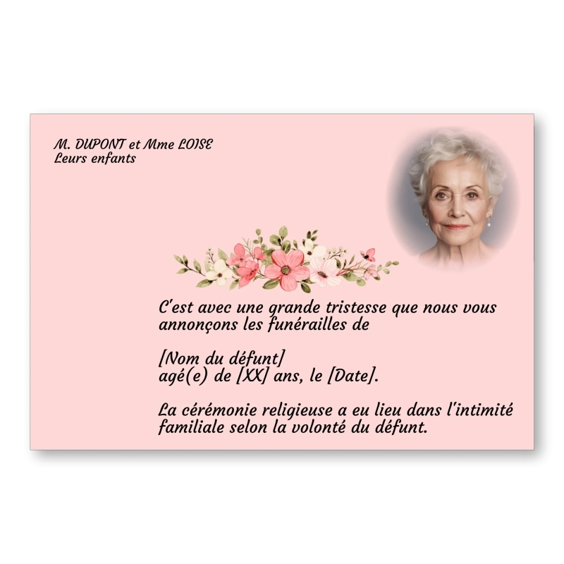 Faire Part de Décès Fleur Couronne Rose