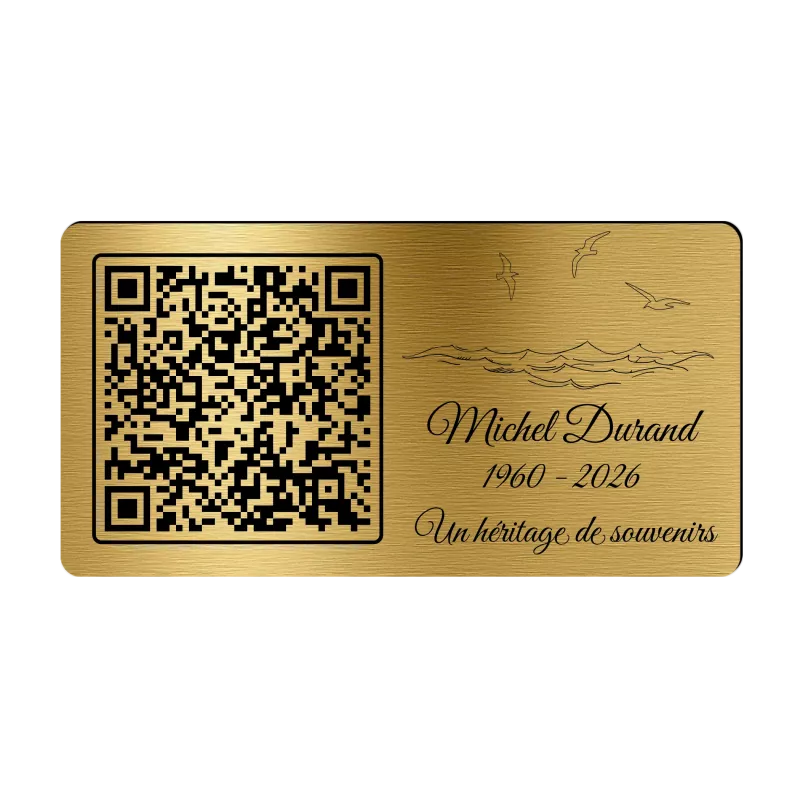Plaque funéraire QR Code gravée Océan horizontale - Mémorial numérique personnalisé