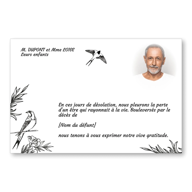 Carte de Remerciement Décès Fusain Oiseaux Carte de Remerciement Décès Fusain Oiseaux