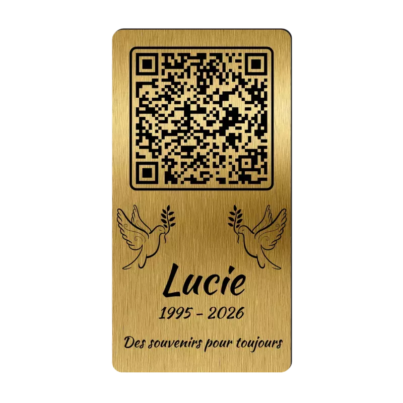 Plaque funéraire QR Code gravée Double Colombe verticale - Mémorial numérique personnalisé