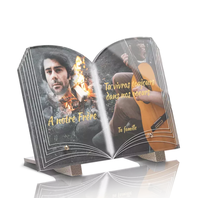 Plaque Funéraire En Pierre - Forme Livre, Thème Automne Et Oiseaux, Personnalisable - Fabriqué En France