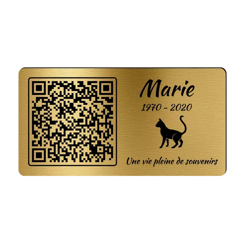 Plaque funéraire QR Code gravée Chat horizontale - Mémorial numérique personnalisé