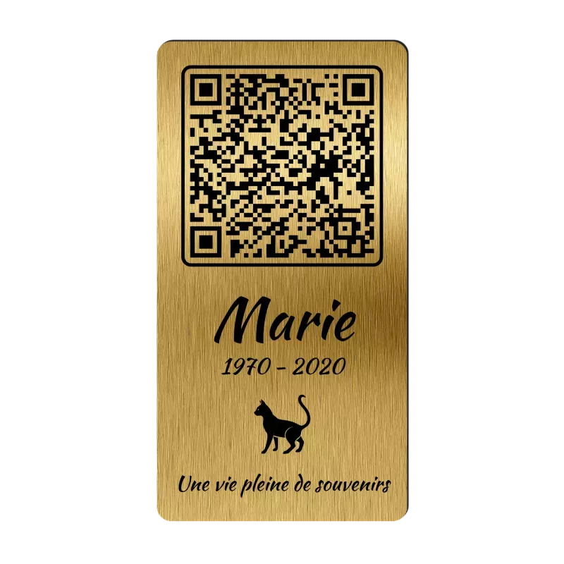 Plaque funéraire QR Code gravée Chat verticale - Mémorial numérique personnalisé