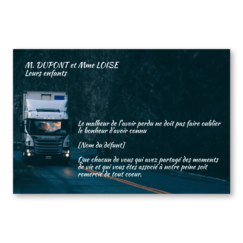 Carte de Remerciement Décès Camion