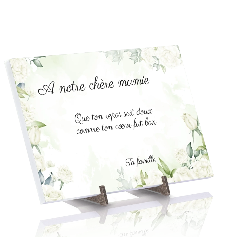 Plaque Funéraire Aquarelle Rose Blanche en Pierre Acrylate Plaque Funéraire Aquarelle Rose Blanche en Pierre Acrylate