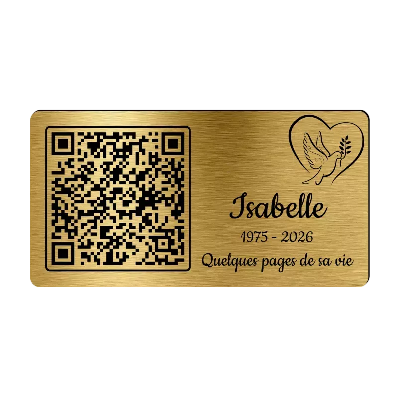 Plaque funéraire QR Code gravée Coeur Colombe horizontale - Mémorial numérique personnalisé