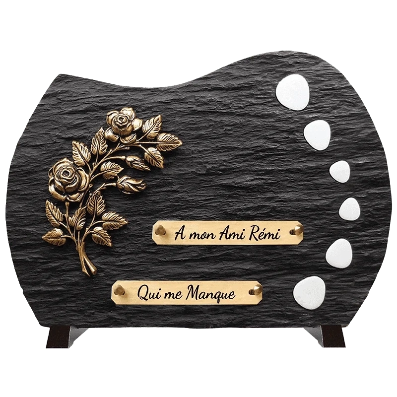 Plaque Funéraire Fleurs Galets Blancs en Schiste Acrylate