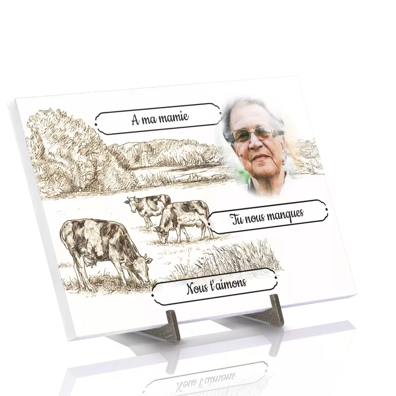 Plaque Funéraire Vaches dessin au trait en pierre Acrylate