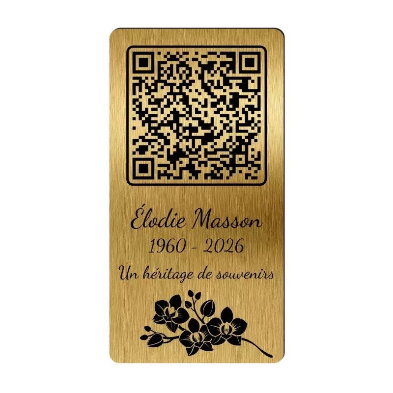 Plaque funéraire QR Code gravée Orchidée 2 verticale - Mémorial numérique personnalisé