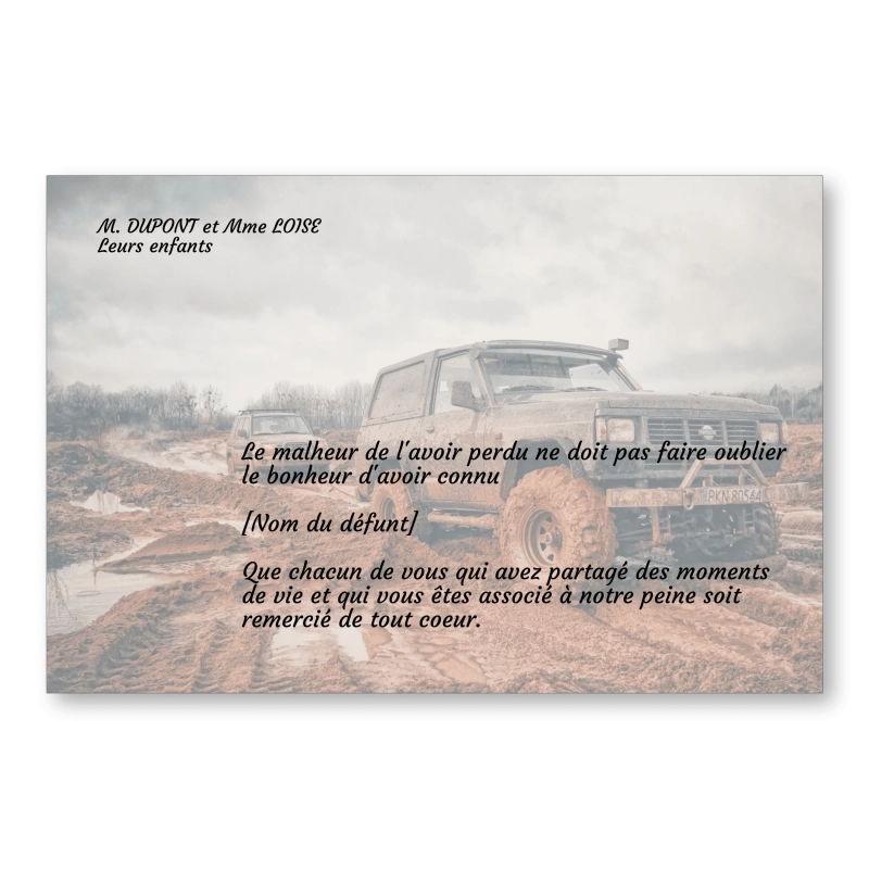 Carte de Remerciement Décès 4x4 Désert Carte de Remerciement Décès 4x4 Désert