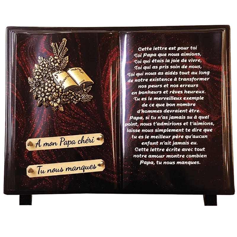 Plaque Funéraire Livre et Fleurs Pailleté rouge en Granit Acrylate Plaque Funéraire Livre et Fleurs Pailleté rouge en Granit Acrylate