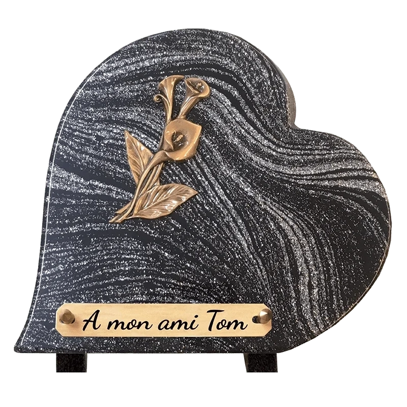 Plaque Funéraire Fleur Arum Pailleté argent en Granit Acrylate