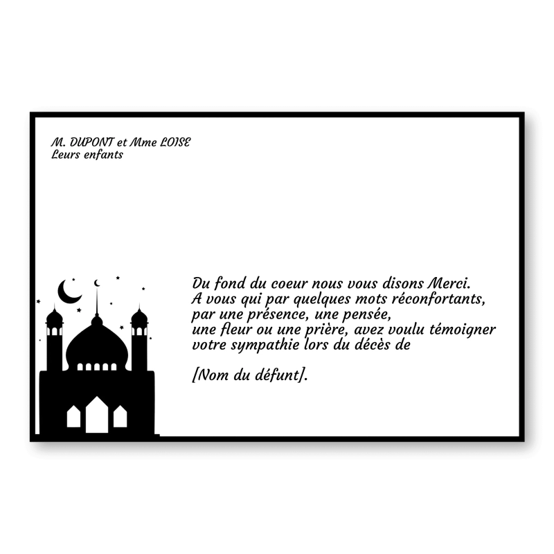 Carte de Remerciement Décès Religion Musulmane Mosquée