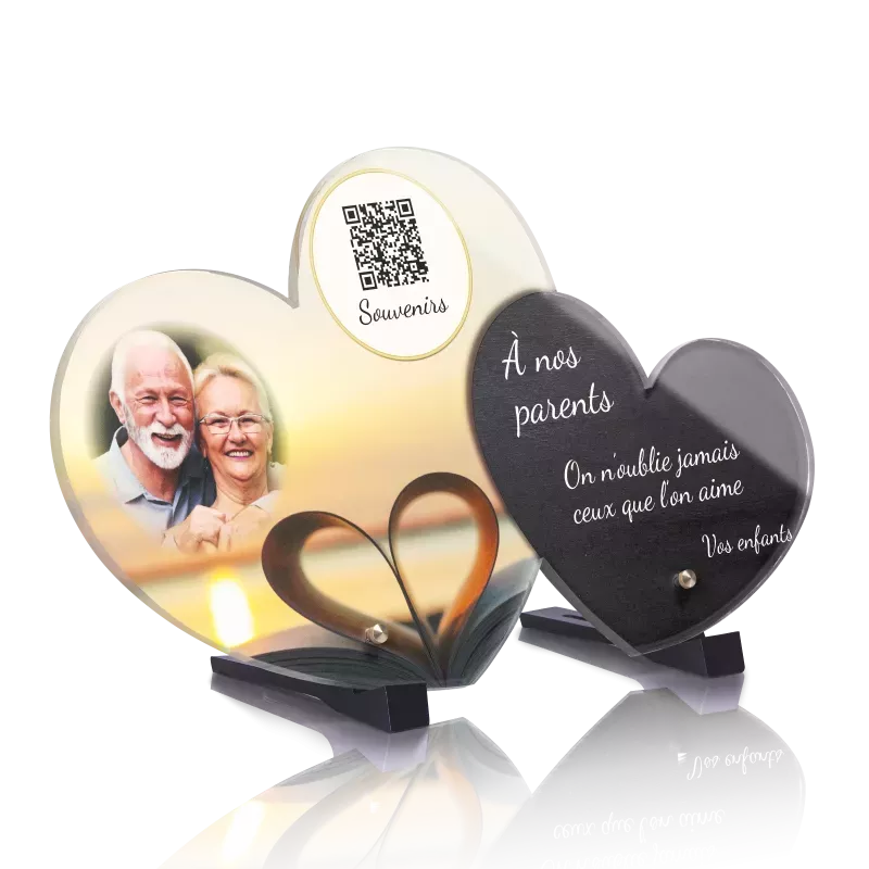 Plaque funéraire QR Code - Double Coeur Livre Coeur