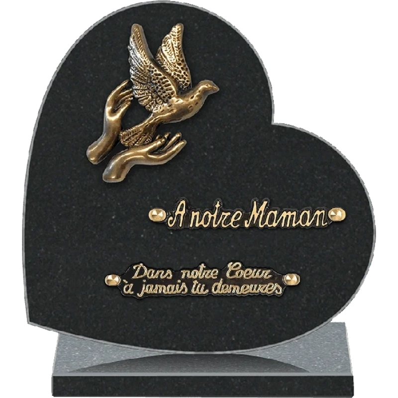 Plaque funéraire granit Coeur Mains Colombe 25x25cm (moyen)