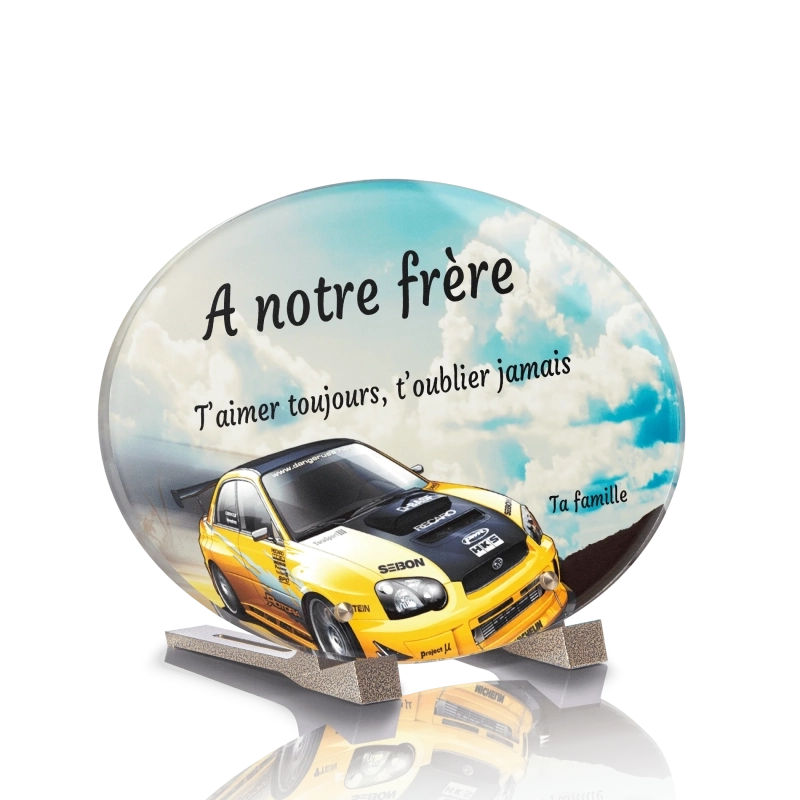 Plaque Funéraire Ovale Voiture de course jaune Plaque Funéraire Ovale Voiture de course jaune