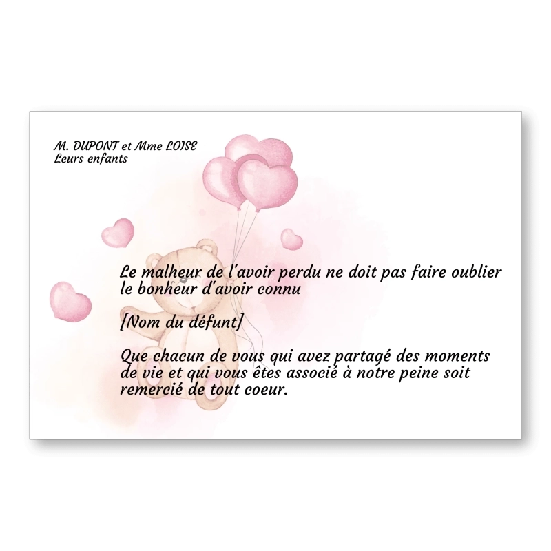 Carte de Remerciement Décès Enfant Ourson Rose Carte de Remerciement Décès Enfant Ourson Rose
