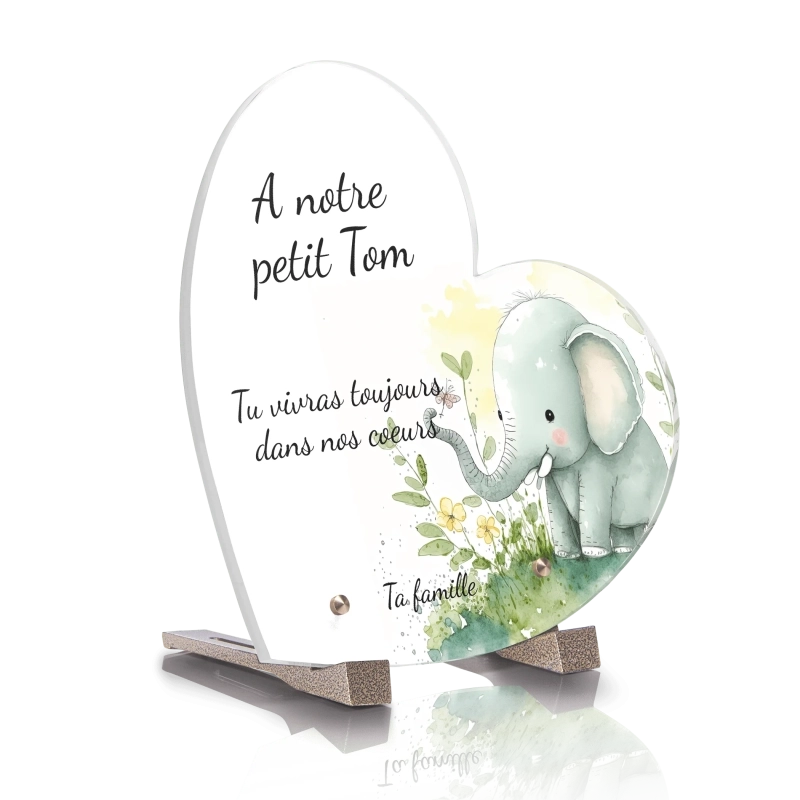 Plaque Funéraire Coeur Enfant Éléphant Aquarelle