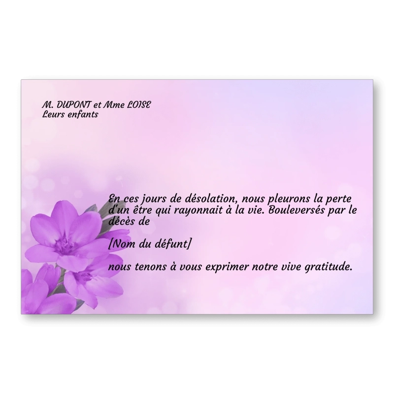 Carte de Remerciement Décès Fleurs Violettes