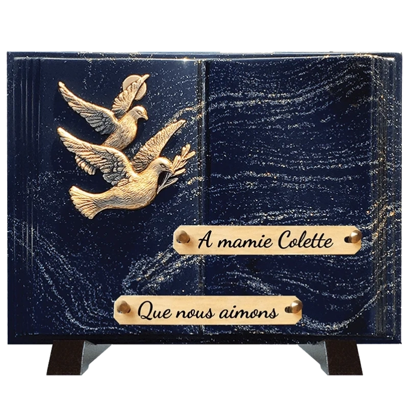 Plaque Funéraire 2 Colombes Pailleté or en Granit Acrylate