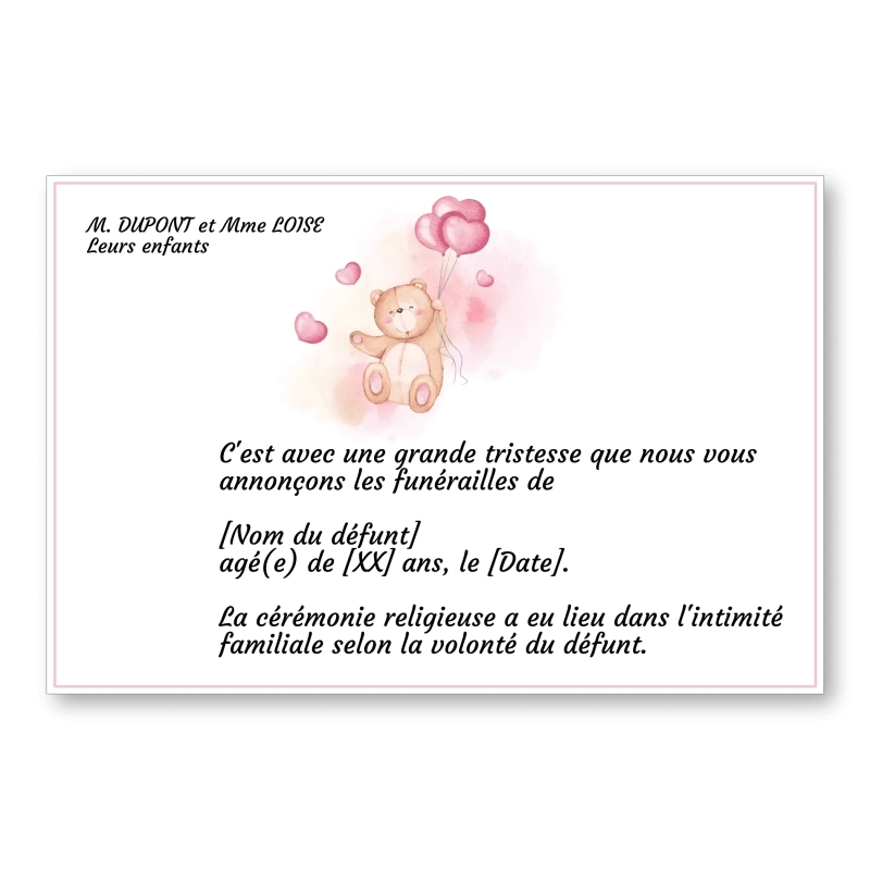 Faire Part de Décès Enfant Ourson Rose 2