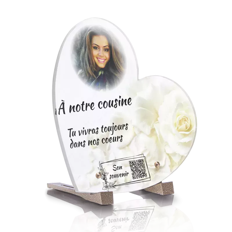 Plaque funéraire QR Code - Coeur Rose Blanche